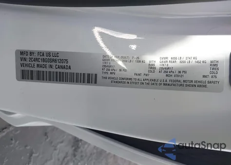 2025 Chrysler Pacifica Select from USA, damaged, VIN 2C4RC1BG0SR612075